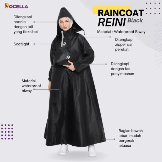 Jas Hujan Gamis - Rocella Raincoat Reini - Hitam