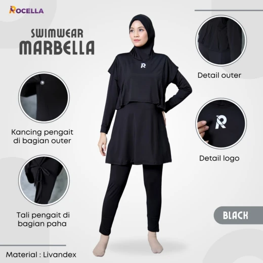 Baju Renang Muslimah Premium - Rocella Swimwear Marbella - Hitam