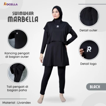 Baju Renang Muslimah Premium - Rocella Swimwear Marbella - Hitam