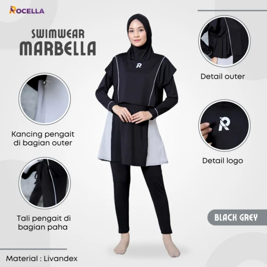 Baju Renang Muslimah Premium - Rocella Swimwear Marbella - Hitam Abu