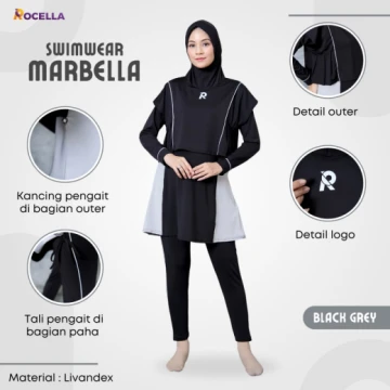Baju Renang Muslimah Premium - Rocella Swimwear Marbella - Hitam Abu