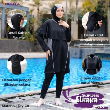 Baju Renang Muslimah Premium - Rocella Swimwear Elnara - Hitam
