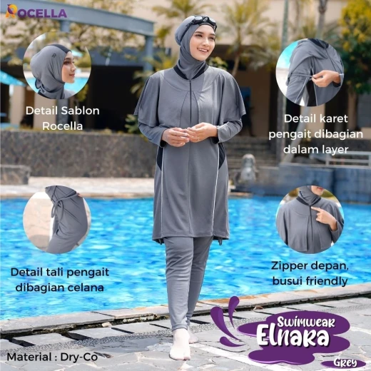 Baju Renang Muslimah Premium - Rocella Swimwear Elnara - Abu