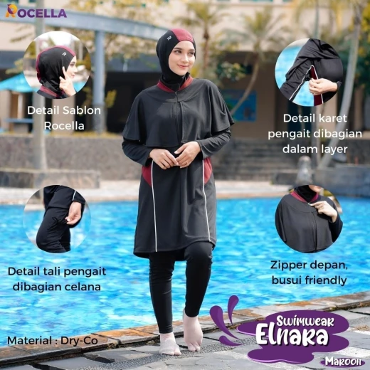Baju Renang Muslimah Premium - Rocella Swimwear Elnara - Marun
