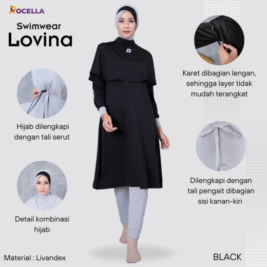 Baju Renang Muslimah Premium - Rocella Swimwear Lovina - Hitam