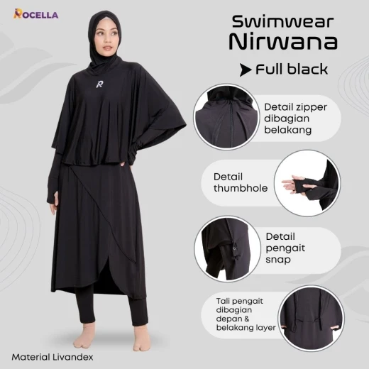 Baju Renang Muslimah Premium - Rocella Swimwear Nirwana - Hitam