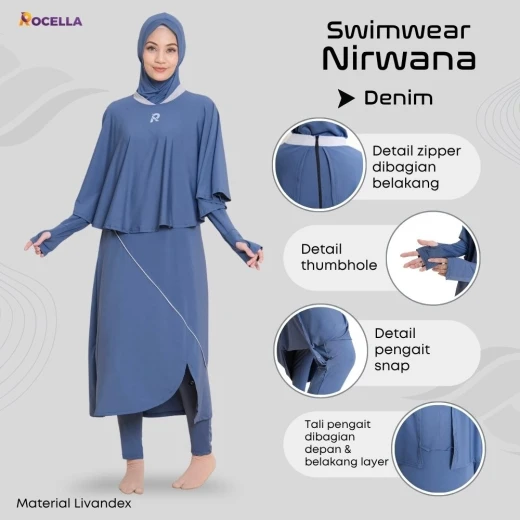 Baju Renang Muslimah Premium - Rocella Swimwear Nirwana - Denim