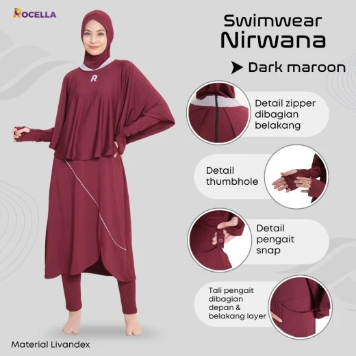Baju Renang Muslimah Premium - Rocella Swimwear Nirwana - Marun