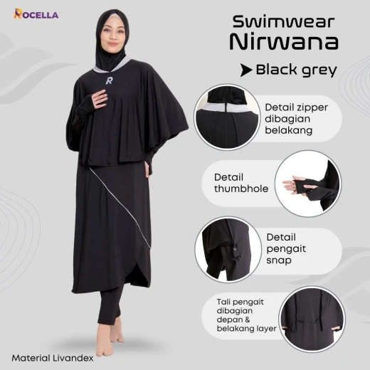 Baju Renang Muslimah Premium - Rocella Swimwear Nirwana - Abu Tua
