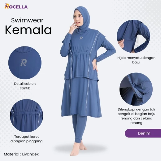 Baju Renang Muslimah Premium - Rocella Swimwear Kemala - Denim
