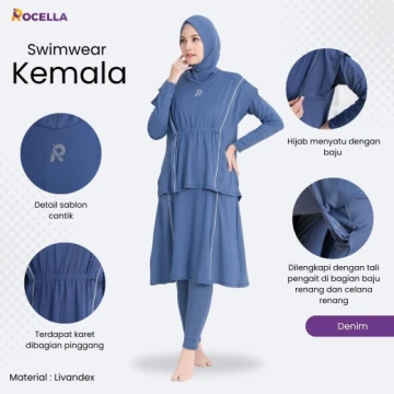 Baju Renang Muslimah Premium - Rocella Swimwear Kemala - Denim