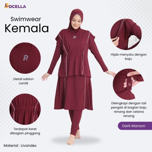 Baju Renang Muslimah Premium - Rocella Swimwear Kemala - Marun