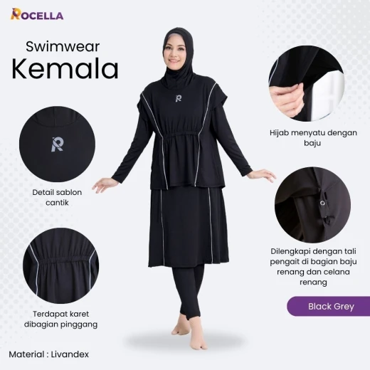 Baju Renang Muslimah Premium - Rocella Swimwear Kemala - Abu Tua