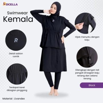 Baju Renang Muslimah Premium - Rocella Swimwear Kemala - Hitam
